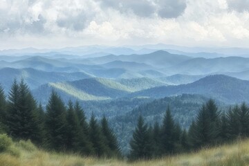 Scenic view of misty mountain landscape with pine forest and rolling hills