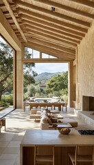 Fototapeta premium Luxurious Covered Patio Indoor-Outdoor Living with Scenic Nature Views in Modern Home