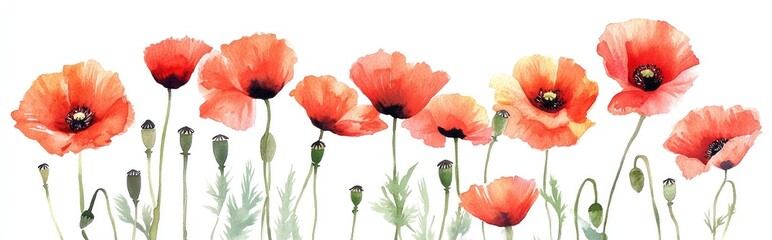 Fototapeta premium Vibrant Watercolor Portrait of Red Poppies in Bloom Capturing Nature's Artistic Elegance