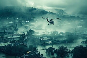 Naklejka premium A lone helicopter flies over a flooded city