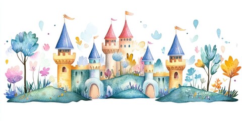 Explore a Whimsical Watercolor Castle Landscape with Enchanting Towers and Lush Gardens