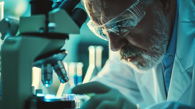 A senior scientist wearing a lab coat and safety goggles is working in a laboratory. He is looking at a microscope slide.