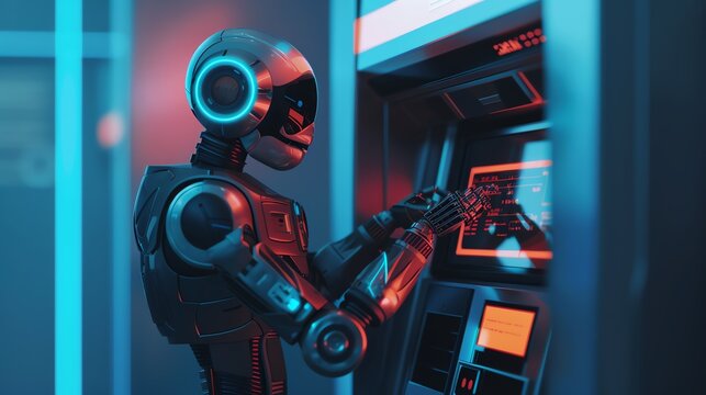 A robot is using an ATM to withdraw money. The robot is wearing a futuristic suit and has a glowing blue eye. The ATM is also futuristic and has a glowing blue screen.