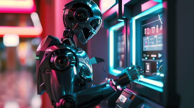 A highly detailed painting of a robot using an ATM