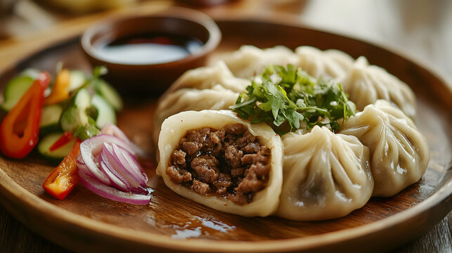 Close-up of a traditional Mongolian buuz (steamed dumplings) filled with minced meat and onions, served on a wooden plate with soy sauce and a side of pickled vegetables