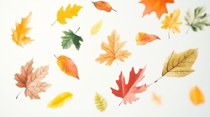 Fototapeta premium Colorful 3D leaves, like maple, birch, and oak, falling against a white background. These autumn-themed shapes are perfect for adding a touch of fall to designs.