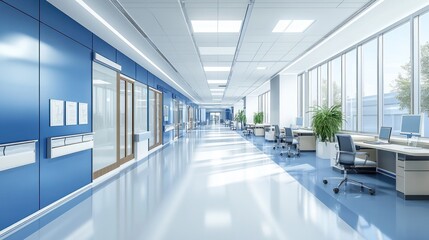 Modern open space room office interior design on white and blue color tone. AI generated