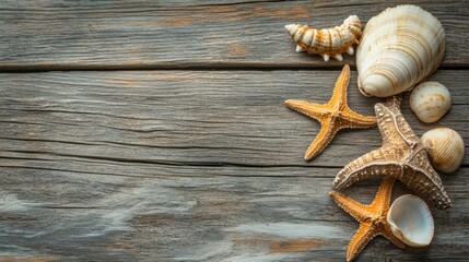 A collection of sea shells and starfish on a rustic wooden background, creating a natural beach-themed composition.