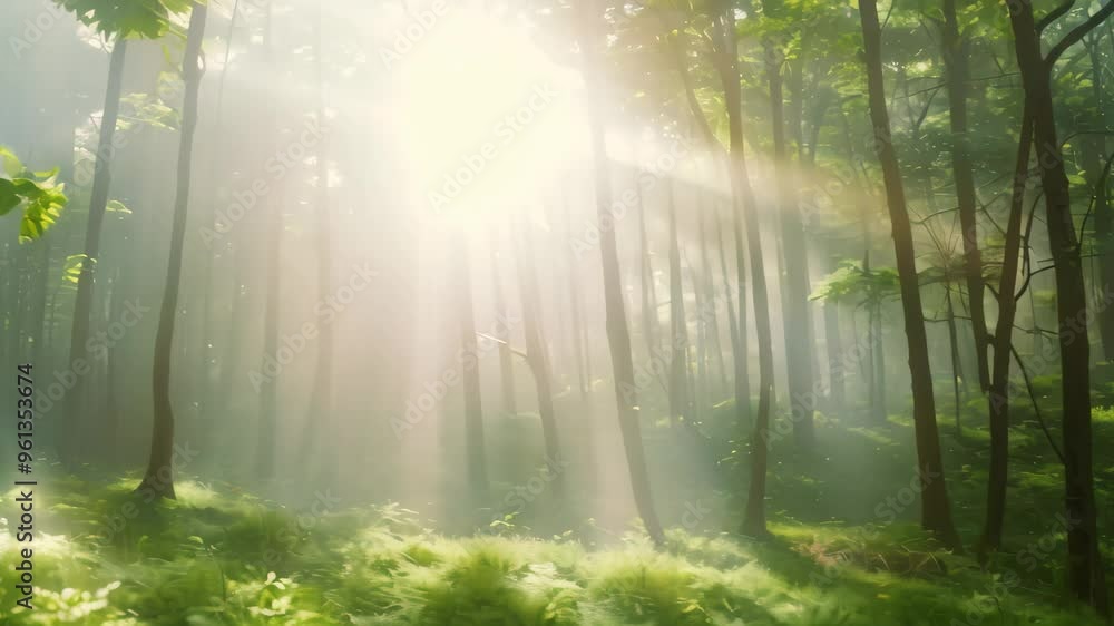 Poster a misty forest with sunbeams filtering through the trees, a misty forest with rays of sunlight filte