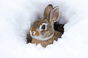 A rabbit peeking out of its burrow in a snowy landscape, with its fur blending into the wintery surroundings, eyes bright and alert 