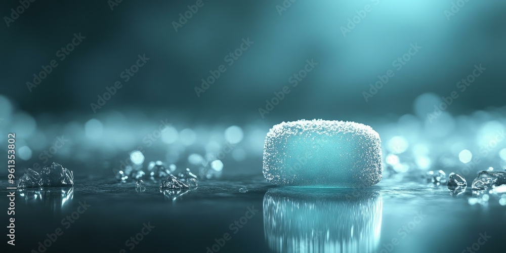 Poster a single ice cube sits on a surface with other