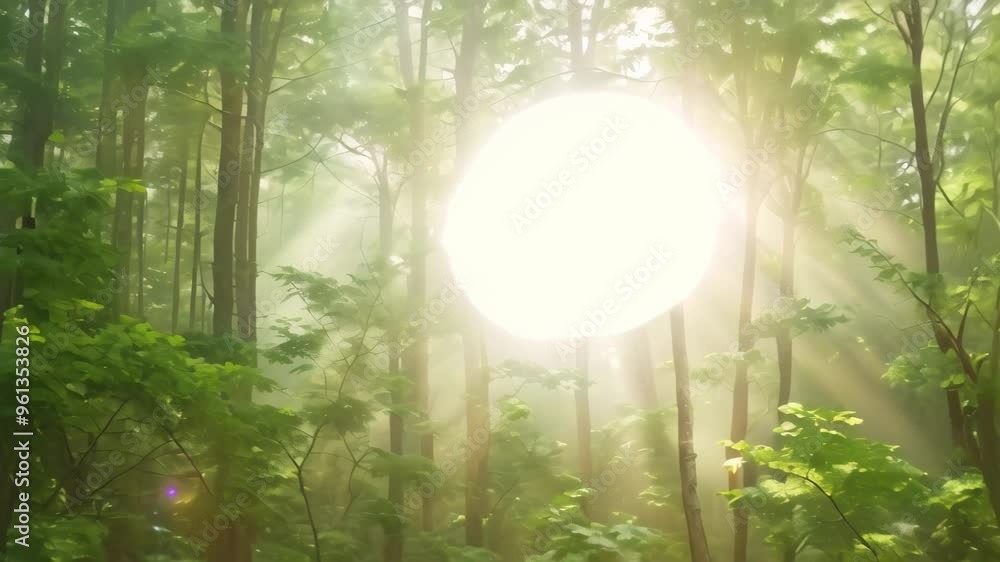 Poster a misty forest with sunbeams filtering through the trees, creating a magical atmosphere, a misty for