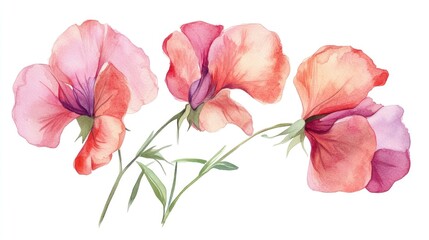 Elegant Watercolor Floral Arrangement: A Study of Delicate Sweet Peas in Soft Pastel Hues