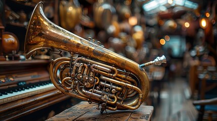 A vintage brass trumpet rests on a wooden table in a crowded antique shop.