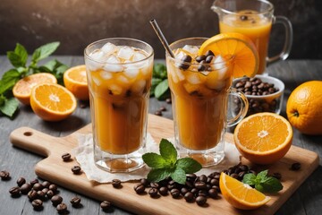 Coffee with orange juice (bumble) in a tall glass with ice and mint on a wooden board on a light background with coffee beans, fruits and morning shadows