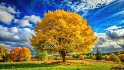Vibrant yellow deciduous tree stands tall amidst lush green foliage, its bright autumn hue radiating warmth against a clear blue sky with puffy white clouds.