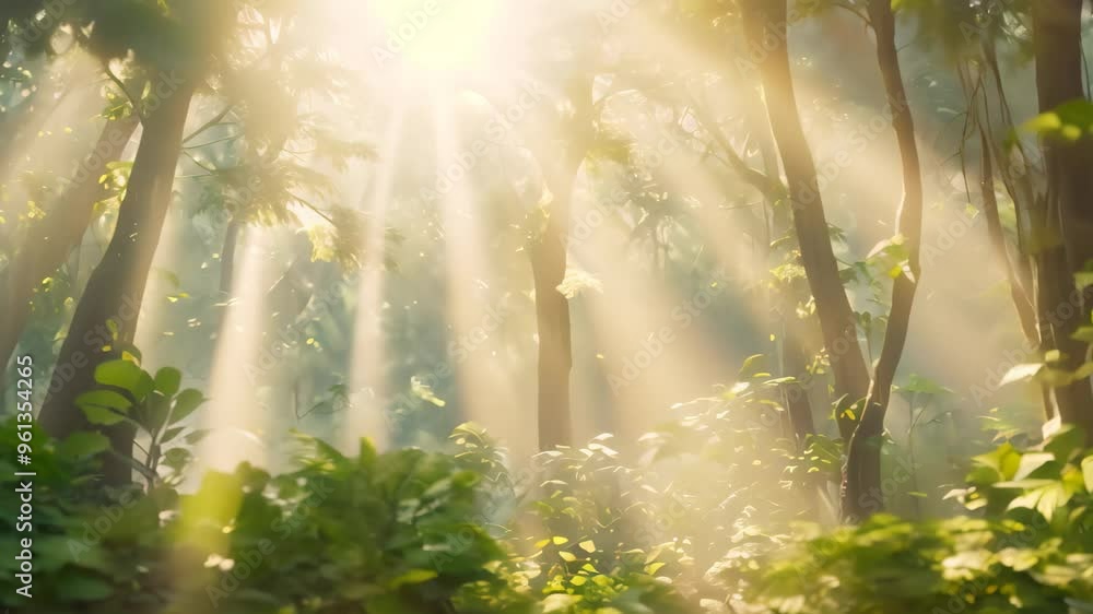 Poster a vibrant rainforest scene with sunlight rays piercing through the dense canopy and mist, a misty fo