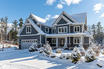 Beautiful grey home with white trim and garage in the snow, winter in New England on a sunny day with blue sky.