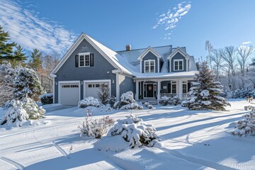 Beautiful grey home with white trim and garage in the snow, winter in New England on a sunny day with blue sky.