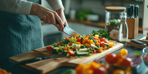 Obraz premium A woman prepares a light vegetable lunch at home.