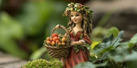 Fototapeta premium Fairy figurine holding basket of fruit in a garden.