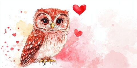 Fototapeta premium Charming Watercolor Owl Illustration with Hearts for Valentine's Inspiration