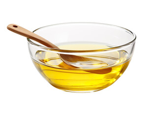 Cooking oil in glass bowl with spoon isolated on transparent and white background