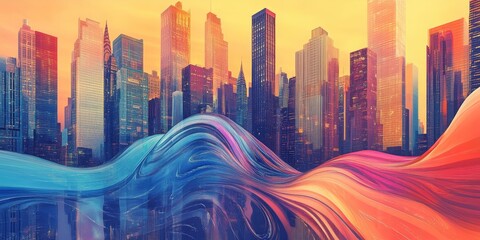 City skyline with abstract waves.