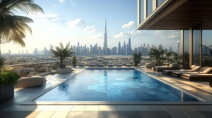 Envision a rooftop pool in a luxury Dubai hotel. The scene includes a stylish pool area with breathtaking views of the city skyline