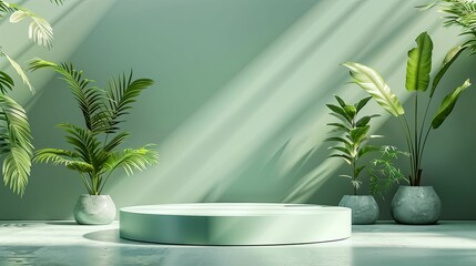 Minimalist Green Product Display with Tropical Plants