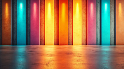 Colorful stage background with copy space , backdrop scenery with different colors making a multicolor and bright modern stage mockup
