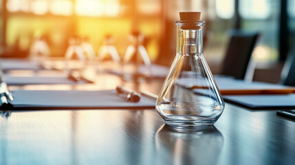Scientific and science tools on a meeting table representing the role of scientific advisory boards in business strategy and innovation in industry at top level of management background