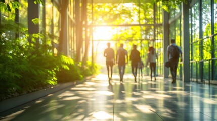Blurred Background of People Walking in Modern Office with Greenery and Sunlight Streaming Through Large Windows