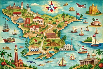 Vintage-style detailed map of Cuba features colorful illustrations of cities, landmarks, and geographical features, highlighting the island's rich history and cultural heritage.