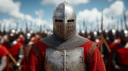 Obraz premium Man wearing Medieval Knights armor with heavy iron helmet