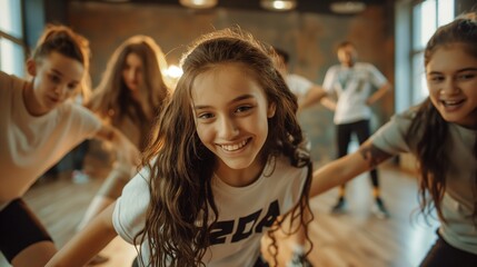 Teenage Girl Rehearsing Breakdance in a Group at Dance Studio with Energetic and Joyful Atmosphere