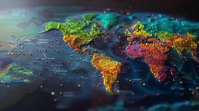 Colorful and textured world map highlighting global connections, perfect for illustrating concepts like international trade, finance, and globalization