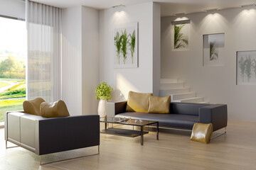 Large luxury modern bright interiors Living room mockup illustration 3D rendering image