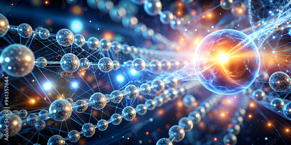 Poster cosmic interconnection: a mesmerizing visual of interconnected atoms, evoking a sense of unity, comp