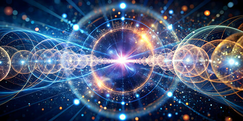 Obraz premium Quantum Symphony: A vibrant abstract of energy waves and particles colliding in a cosmic dance of light and color. 