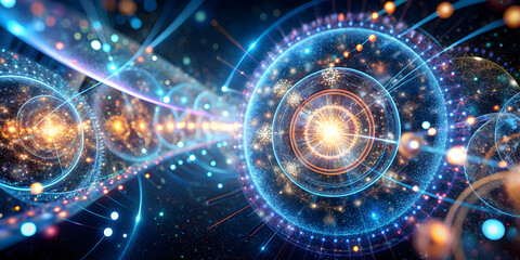 Obraz premium Cosmic Convergence: Abstract digital art depicting swirling rings of light and energy, evoking a sense of interconnectedness and the boundless possibilities of the universe. 