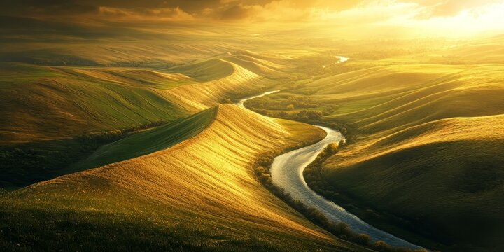 River flows through rolling hills at sunset.
