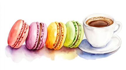 Delightful Watercolor of Colorful Macarons Paired with Rich Coffee