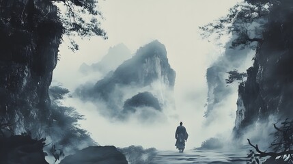 Ancient Man in Misty Bamboo Mountains