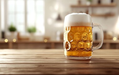 a single beer mug on a plain wooden table