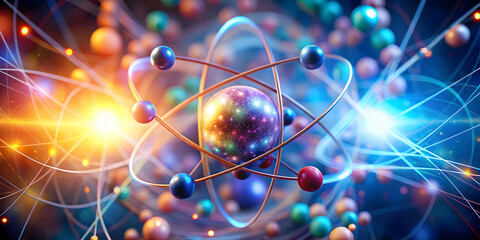 Obraz premium Atomic Energy: A mesmerizing, abstract depiction of an atom's nucleus surrounded by orbiting electrons, radiating a vibrant spectrum of light and energy. This captivating illustration evokes feelings