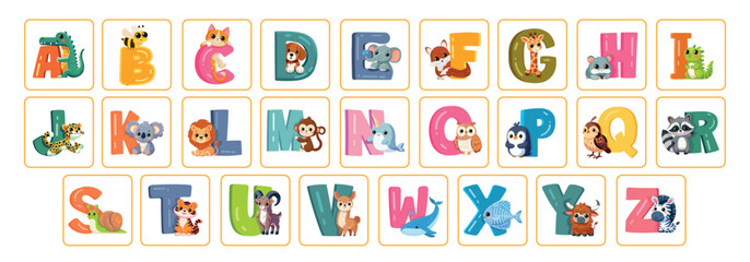 English alphabet flashcards with  cartoon animals and letters. Cute animal flash card set. Kawaii style animal themed cards. Abc learning for school or preschool kids. © Violetta