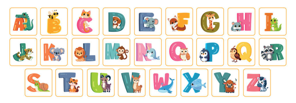 English alphabet flashcards with  cartoon animals and letters. Cute animal flash card set. Kawaii style animal themed cards. Abc learning for school or preschool kids.