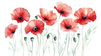 Fototapeta premium Stunning Watercolor Illustration of Vibrant Red Poppy Flowers in Bloom