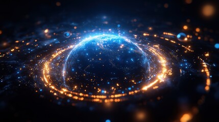 planet with orbiting satellites, set against a backdrop of glowing celestial bodies